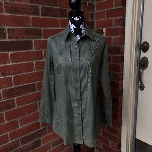 Feline Military Green Long Sleeve Blouse